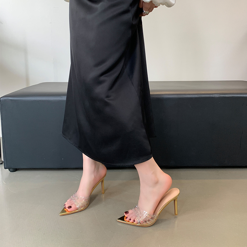 Luxury One-Foot Niche Pointed Toe Rhinestone High Heel Slippers for Women Thin Heel Sexy Celebrity One-Strap Transparent Summer Sandals - Image 2