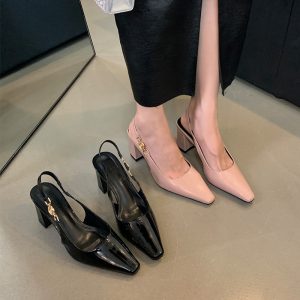 Miting French Heel Sandals 2026 Spring Summer New Elegant Chunky Heel One-Strap Closed Toe Open Back Women's Sandals