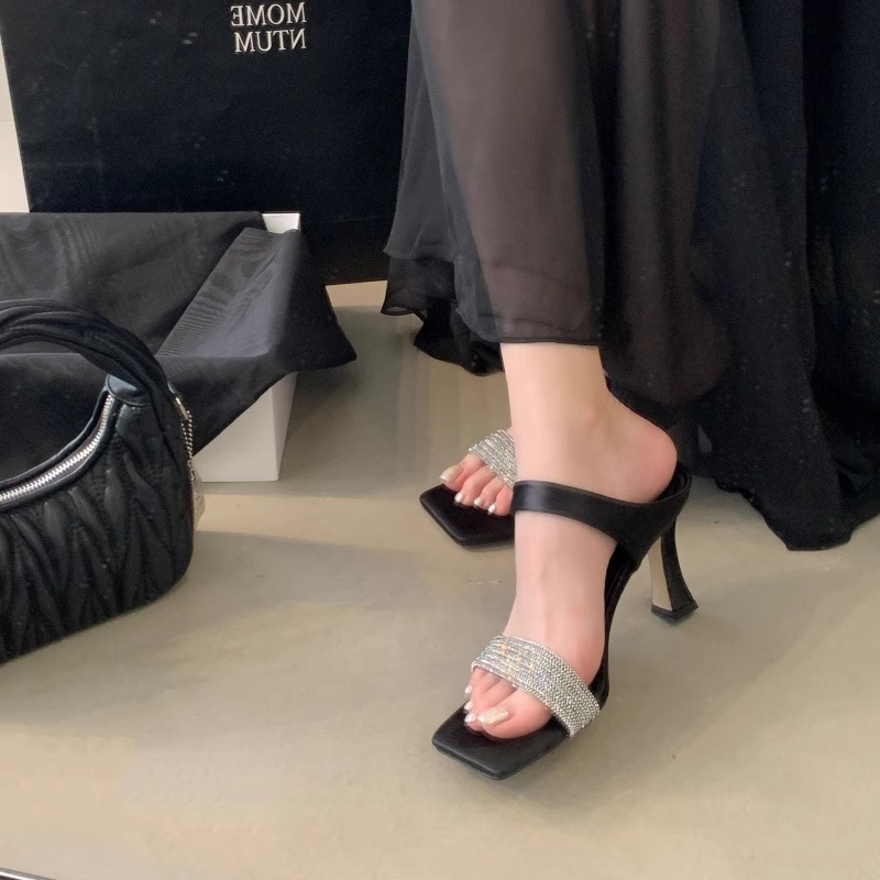 2026 Summer New Square Toe Rhinestone High Heel Sandals Women Fashion One-Strap Slippers - Image 4