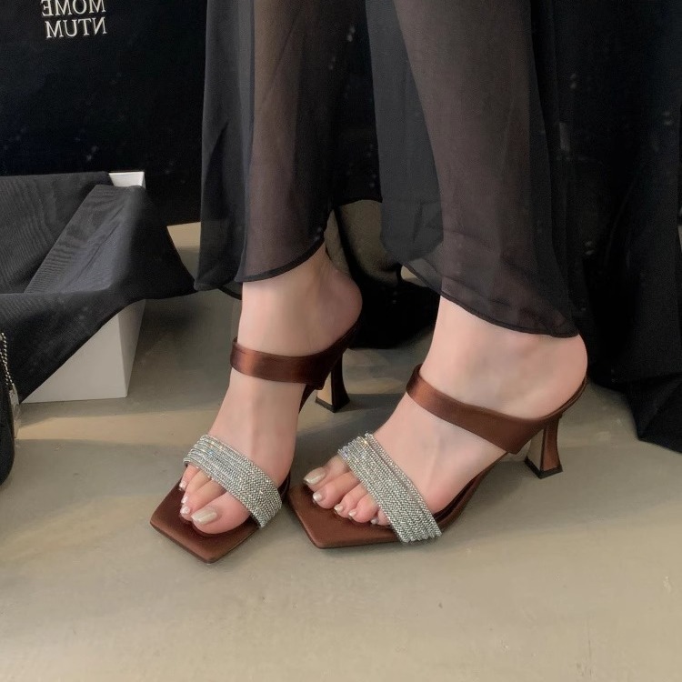 2026 Summer New Square Toe Rhinestone High Heel Sandals Women Fashion One-Strap Slippers - Image 3