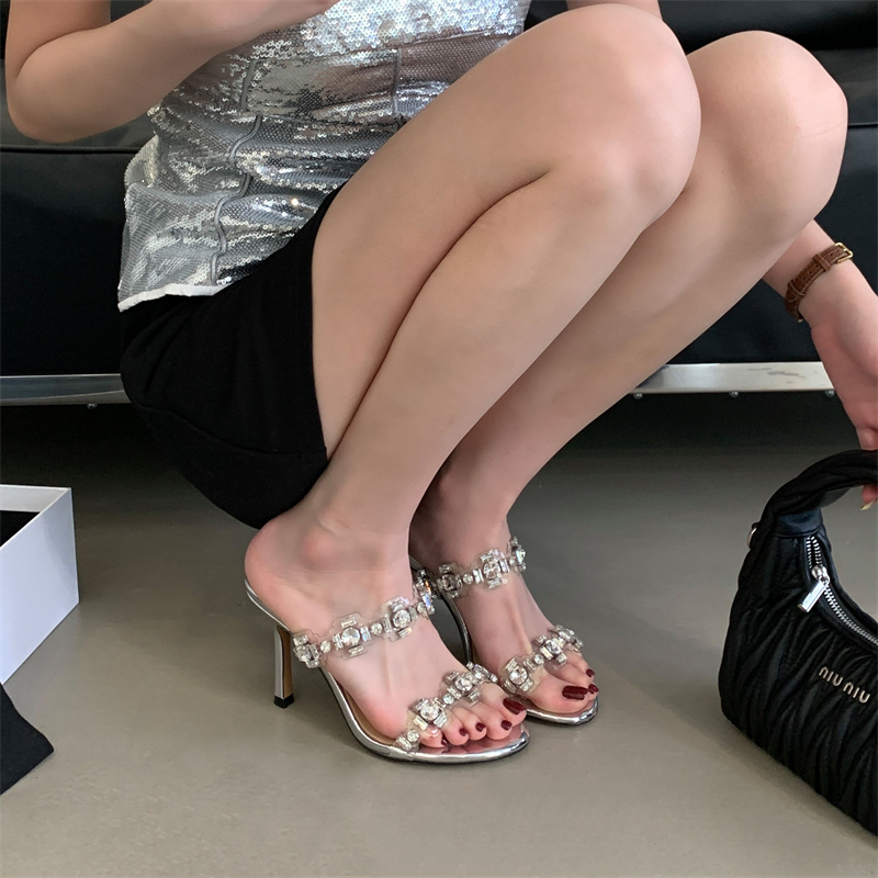 Women's Crystal Slippers with Transparent Strap and Rhinestones - Silver Sexy Open Toe Sandals - Image 2