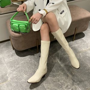 White Short Petite Chunky Heel Tall Boots for Women, Slim Fit, Wide Calf, High Top, Small Bird Leg Boots