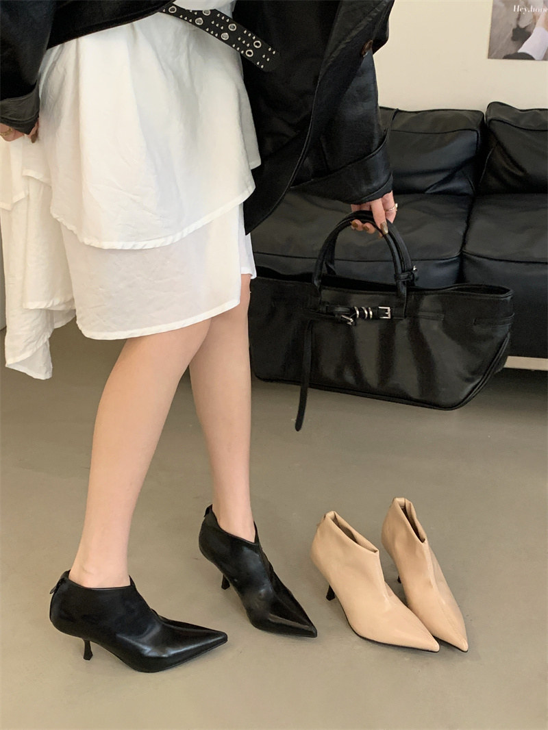 2025 New Women's Ankle Boots Autumn Winter High Heel Pointed Toe French Style Short Boots Thin Heel