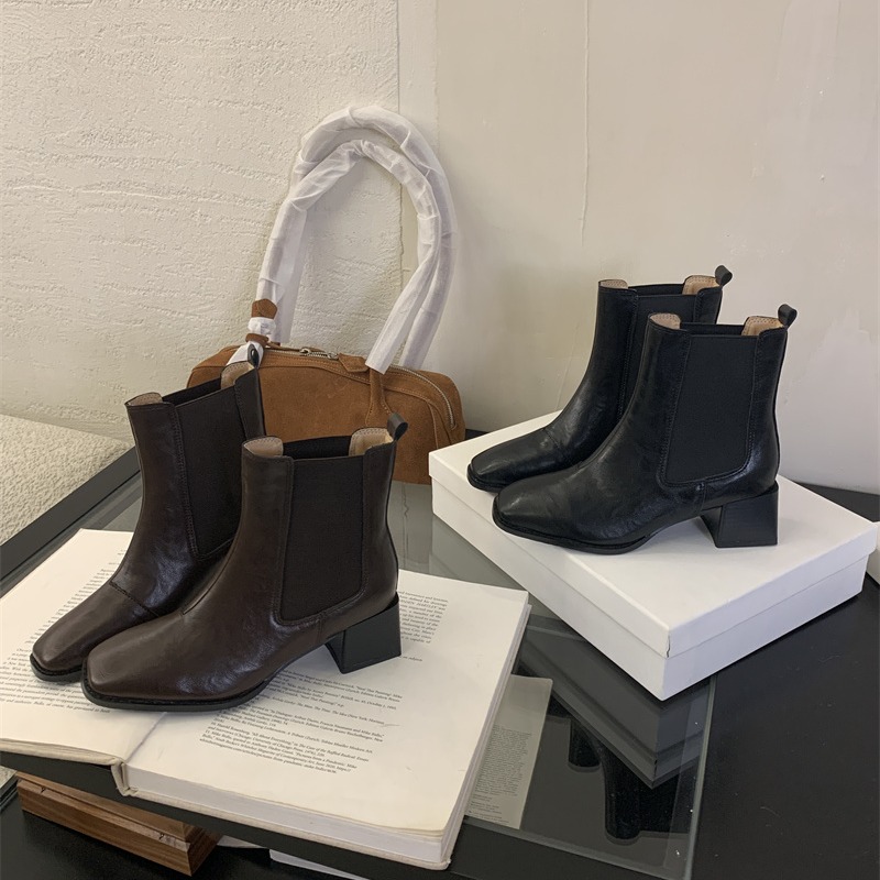 Women's Chunky Heel Chelsea Boots Square Toe Short Boots Comfortable Elastic Sided Martin Boots