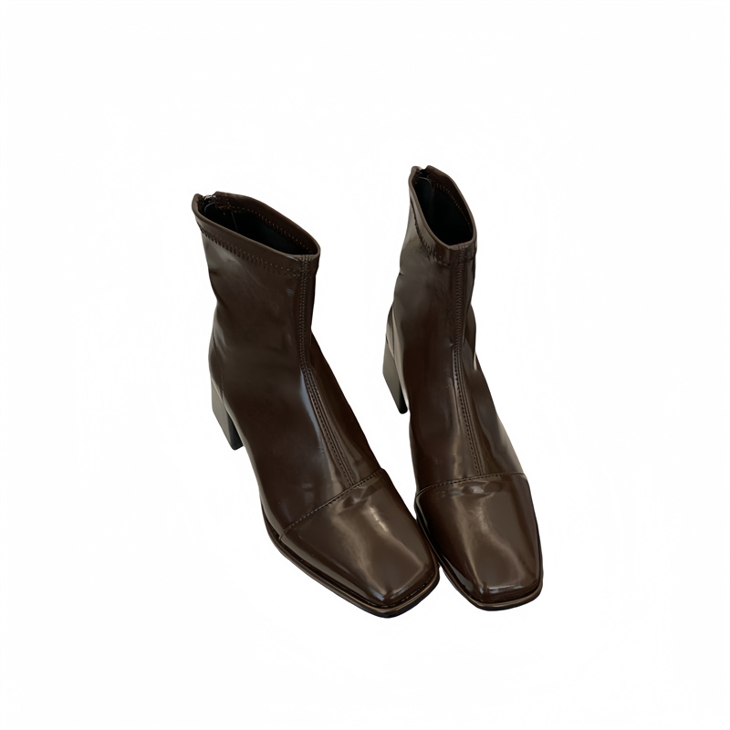 Duide Square Toe Chunky Heel Short Boots Women Black Patent Leather Slim Fashion Boots - Image 5