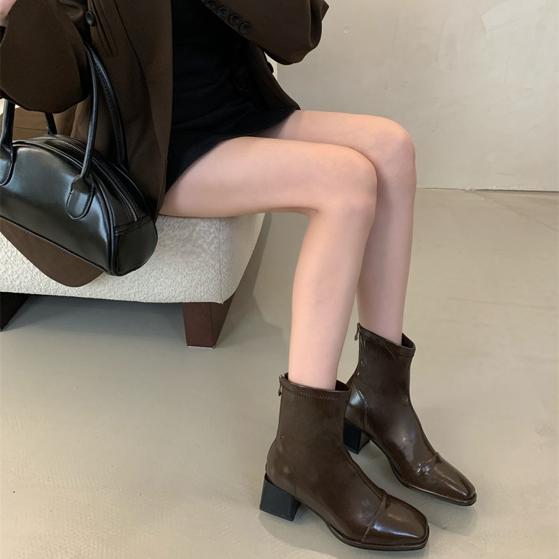 Duide Square Toe Chunky Heel Short Boots Women Black Patent Leather Slim Fashion Boots - Image 2