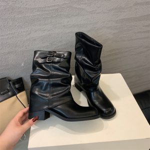 Pleated Stack Boots for Women 2025 New Black Melard Mid-Calf Boots Soft Leather Western Boots Motorcycle Martin Boots