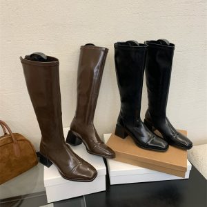 Trendy New Square Toe Chunky Heel Soft Leather High Boots Slim Fit Tall Riding Boots