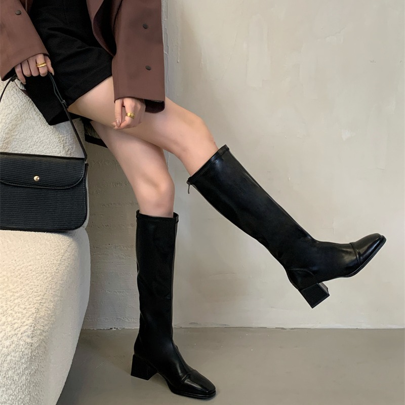 Trendy New Square Toe Chunky Heel Soft Leather High Boots Slim Fit Tall Riding Boots - Image 4