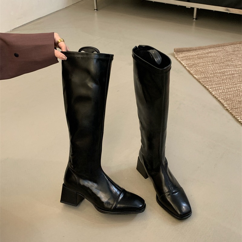 Trendy New Square Toe Chunky Heel Soft Leather High Boots Slim Fit Tall Riding Boots - Image 5