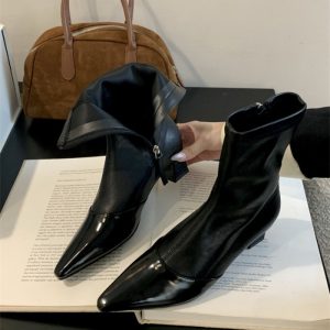 Women's Pointed Toe Chunky Heel Ankle Boots 2025 Fall New French Style Black Side Zipper Stretch Slim Boots