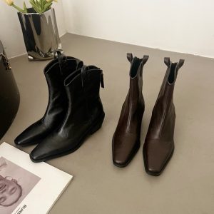 Women's 2025 New Martin Boots V-Mouth Hand-Pulled Leather Bare Boots Pointed Toe Brown Chunky Heel Western Cowboy Boots