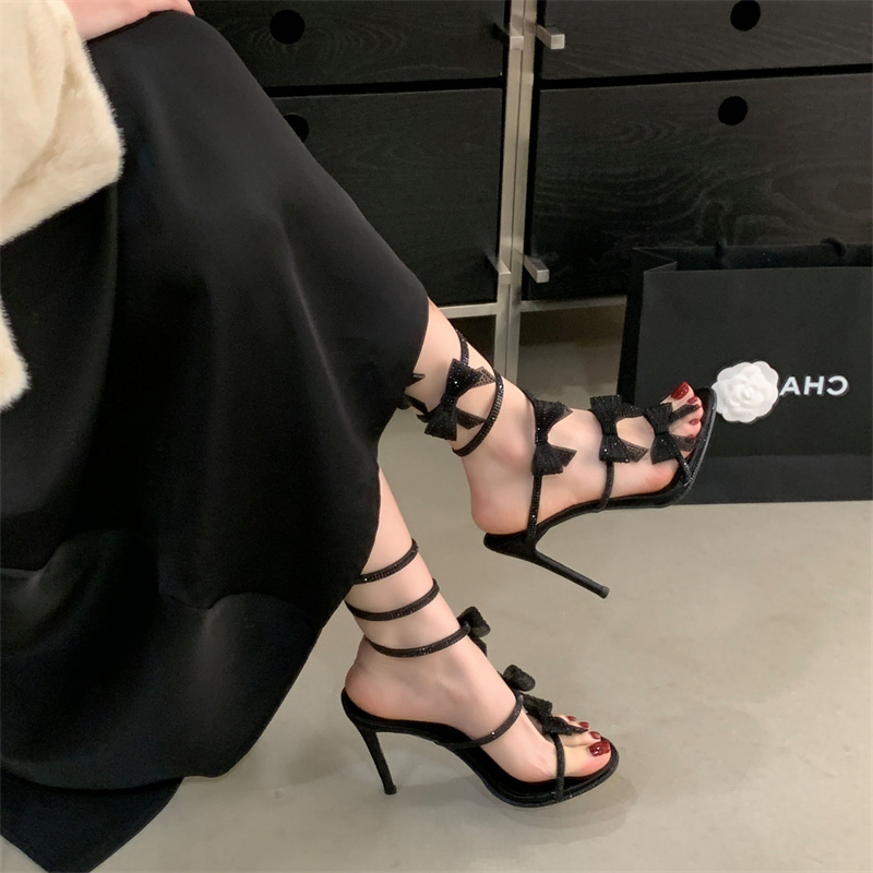Miting Rhinestone High Heel Sandals 2026 Early Spring Snake Wrapped Bow High Heels French Sexy Open Toe Sandals - Image 3
