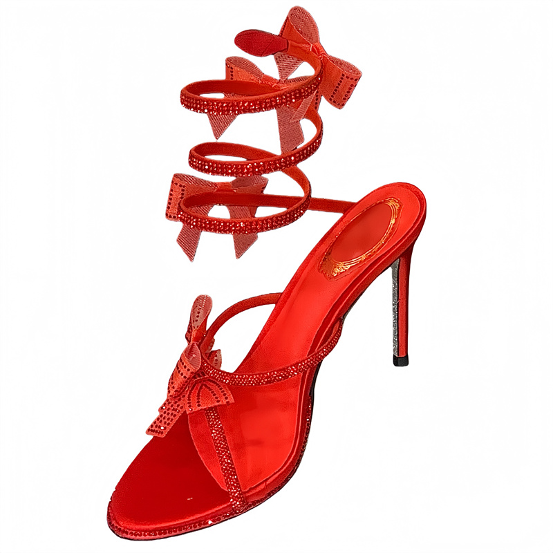 Miting Rhinestone High Heel Sandals 2026 Early Spring Snake Wrapped Bow High Heels French Sexy Open Toe Sandals - Image 5