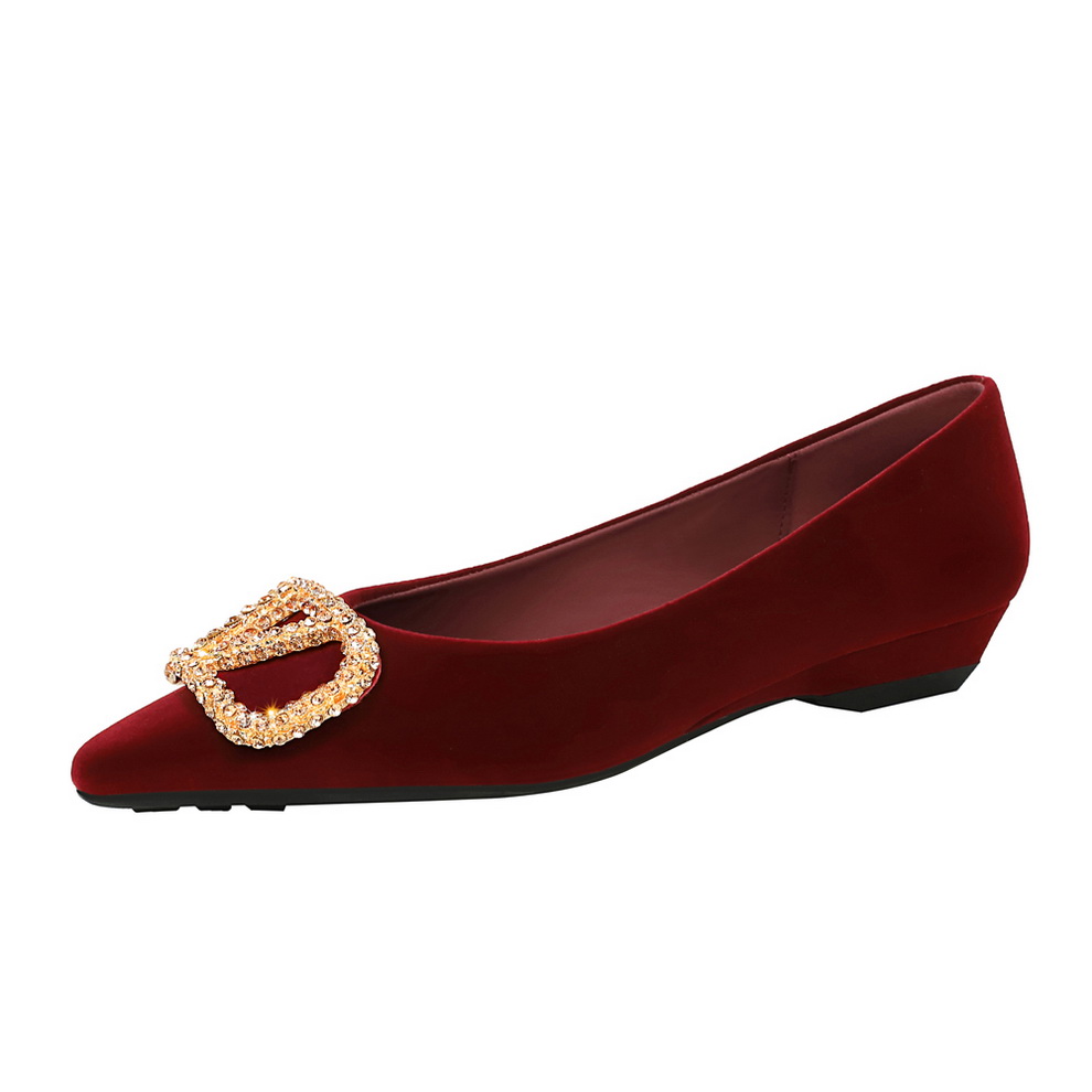 French Pointed Toe Elegant Flat Shoes Fashion Rhinestone Metal V-Buckle Suede Wedge Heel Commuter Shoes for Women - Image 5