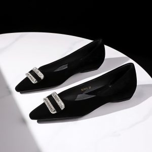 Korean Style Pointed Toe Rhinestone Buckle Slip-On Wedge Heel Women's Casual Shoes