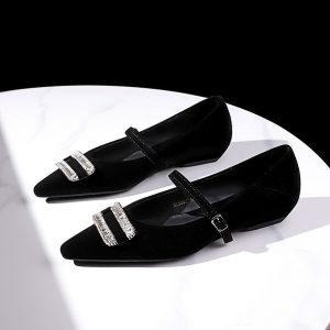 Korean Style Elegant Low Heel Women's Pointed Toe Shallow Mouth Rhinestone Buckle Strap Wedge Shoes