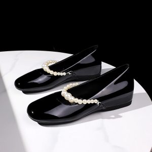 French Style Pearl Buckle Strap Square Toe Patent Leather Low Heel Comfortable Women's Shoes
