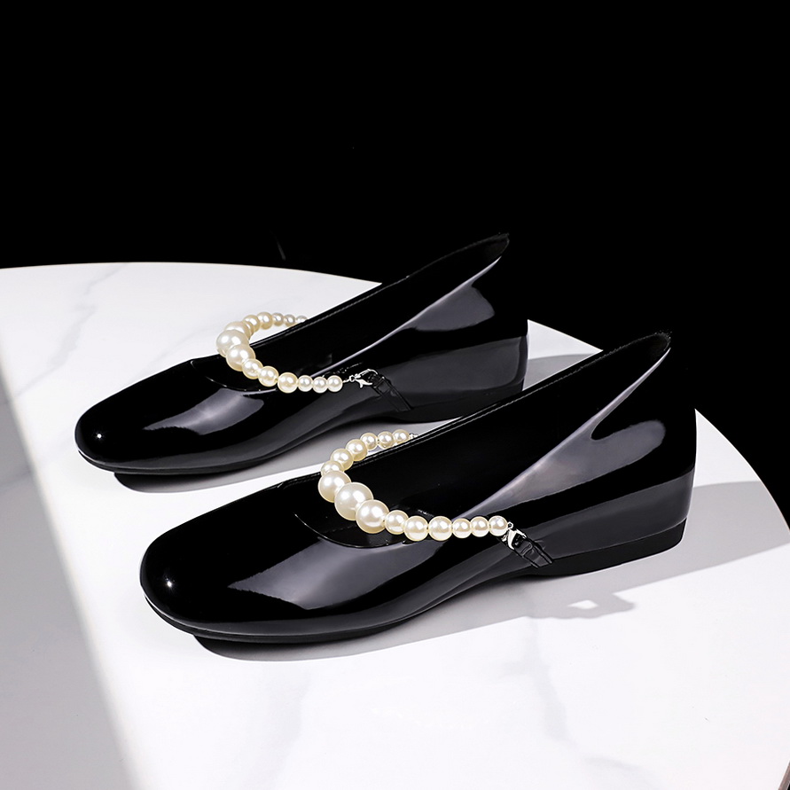 French Style Pearl Buckle Strap Square Toe Patent Leather Low Heel Comfortable Women's Shoes